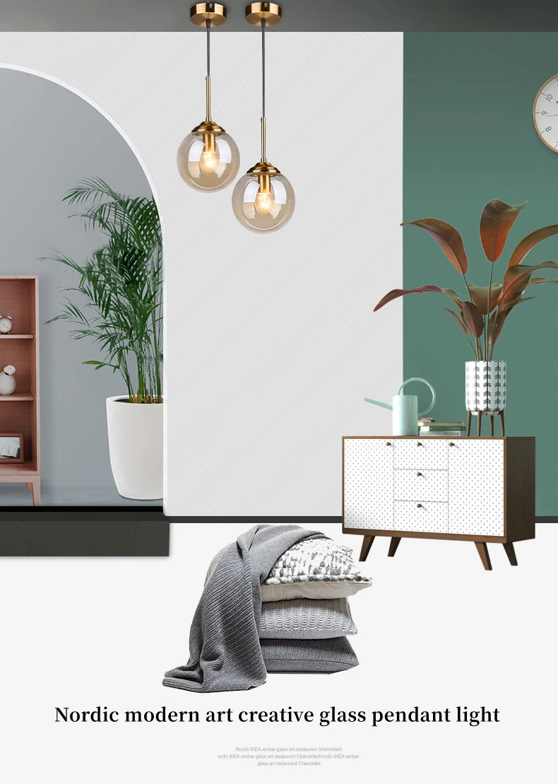 Modern Luxury Metal Chandelier Nordic Creative LED Glass Pendant Lamp Living Room Dining Room Bedside Simple Small Hanging Lamp