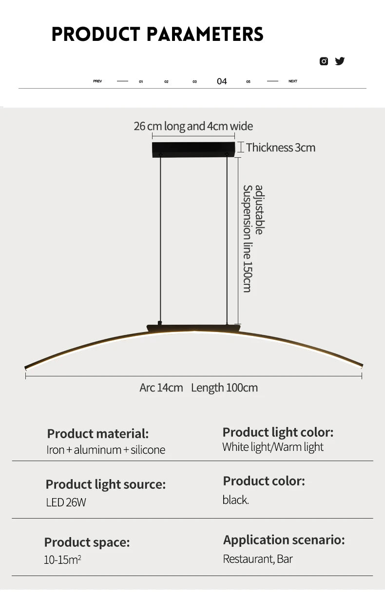 Contemporary Dining Room Pendant Light Sleek LED Arc Hanging Lamp Adjustable Brightness Energy Efficient Ideal for Kitchen Resta